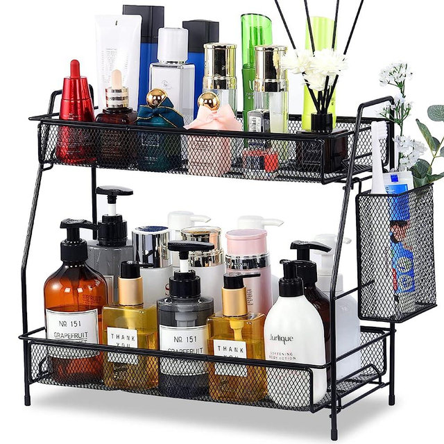 LEMIKKLE Large Countertop organizer for bathroom counter, organizer for bedroom, Under sink organizer spice rack organizer for kitchen with basket(Black)