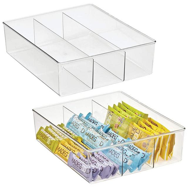 mDesign Plastic Divided 3 Compartments Kitchen Cabinet Drawer Organizer and Storage Tray, Pantry Organizer - Storage Bin for Cutlery, Serving Spoons, Cooking Utensils, Gadgets, Snacks - 2 Pack - Clear