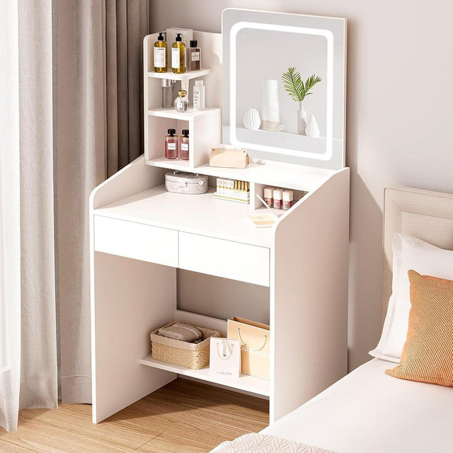 LIVELYGLOW Small Vanity Desk Set with Square Mirror and Light- Vanity Desk with Drawer- White