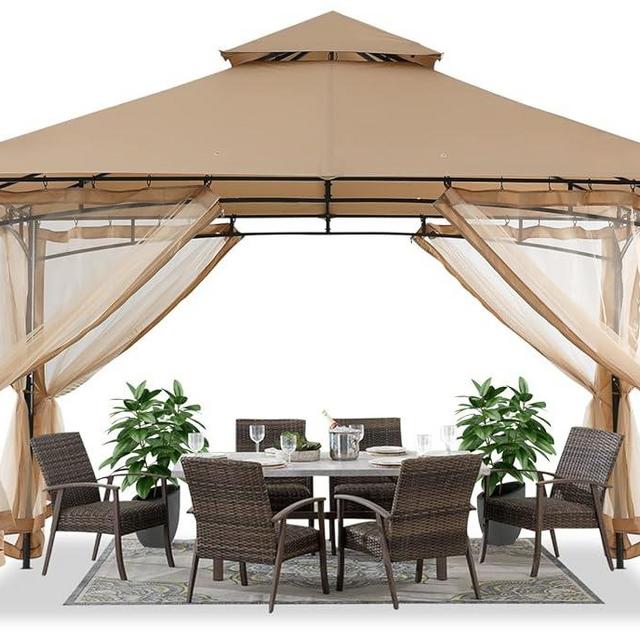 ABCCANOPY Gazebos for Patios 10x10 - Outdoor Steel Frame Gazebo with Mosquito Netting for Lawn Backyard Garden Deck (Beige)