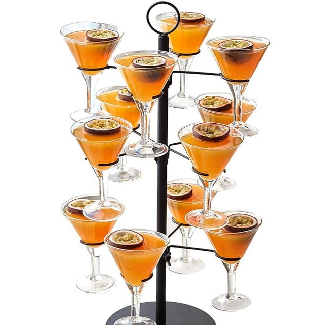 Cocktail Tree Stand, Metal Drink Tower, 3 Tier - 12 Holders For Champagne, Martini, Margarita Cups (Black)