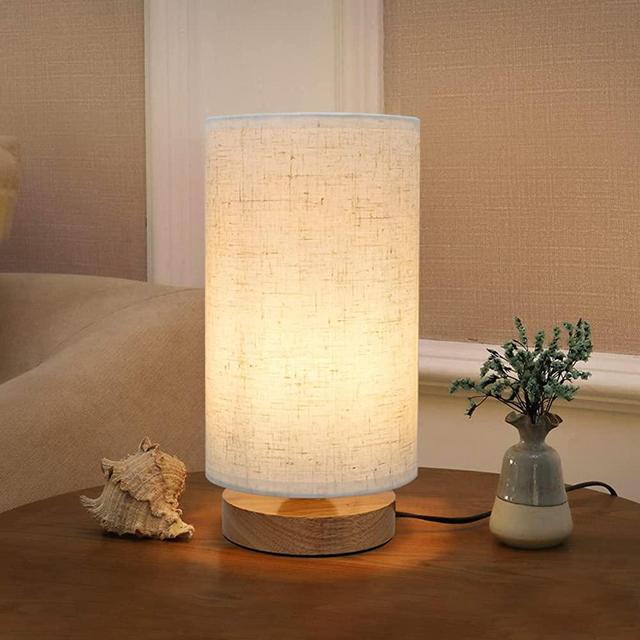 Small Bedside Table Lamp for Bedroom, Minimalist Nightstand Lamp with Round Fabric Linen Shade, Study Reading Desk Lamp for Kids Room, Night Table Lamp for Living Room, College Dorm, Home, Office