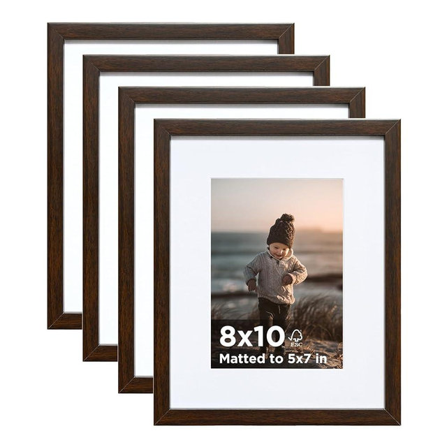KINLINK 8x10 Picture Frame Brown Set of 4, Wooden Photo Frames Matted 5x7 with Plexiglass for 5x7 with Mat or 8x10 without Mat for Table and Wall Display