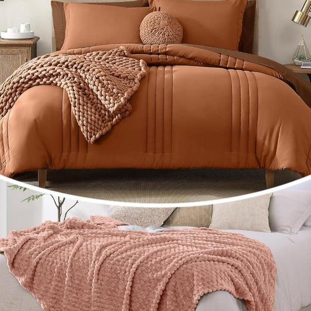 Monbix 7 Piece Comforter Sets and Fleece Throw Blanket Bundle