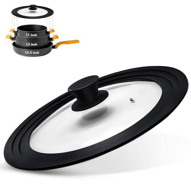 Ydeapi Universal Lid for Pots, Pans and Skillets, Pot Lid With Heat Resistant Silicone Rim and Tempered Glass, Fits 11", 12", 12.5" Diameter Pots and Pans
