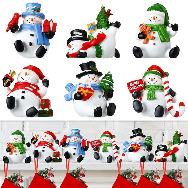 Wonderjune Christmas Stocking Holders for Mantle Set of 6 Resin Stocking Hangers for Mantel Snowman Santa Claus Figurines Weighted Fireplace Hooks for Xmas Winter Holiday Decorations(Snowman)