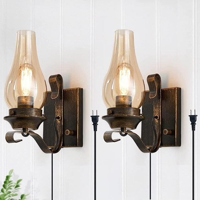 Wall Lights for Bedroom,2-in-1 Oil Rubbed Bronze Farmhouse Lamp Rustic Wall Sconces,Industrial Wall Light Fixtures with Amber Glass,Indoor Vintage Bedside Wall Lighting for Living Room Bathroom,2 Pack