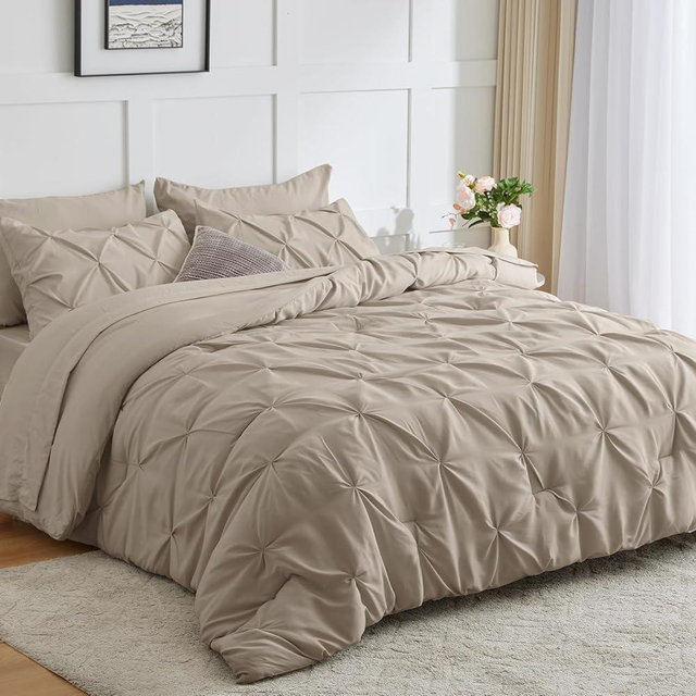 CozyLux California King Comforter Set - 7 Pieces Cal King Bed Set, Pinch Pleat Oatmeal Cali King Bedding Set with Comforter, Sheets, Pillowcases & Shams