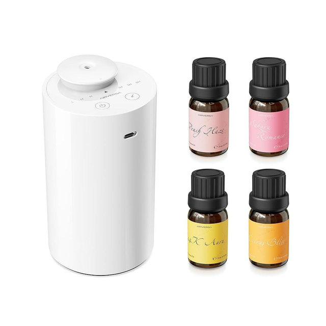 Airversa Waterless Essential Oil Diffuser Starter Kit with 4 x 10mL Fragrance Scent Oil, Battery Operated Mini Scent Air Machine Portable Diffuser for Home Car Office, AN6 White Kit01