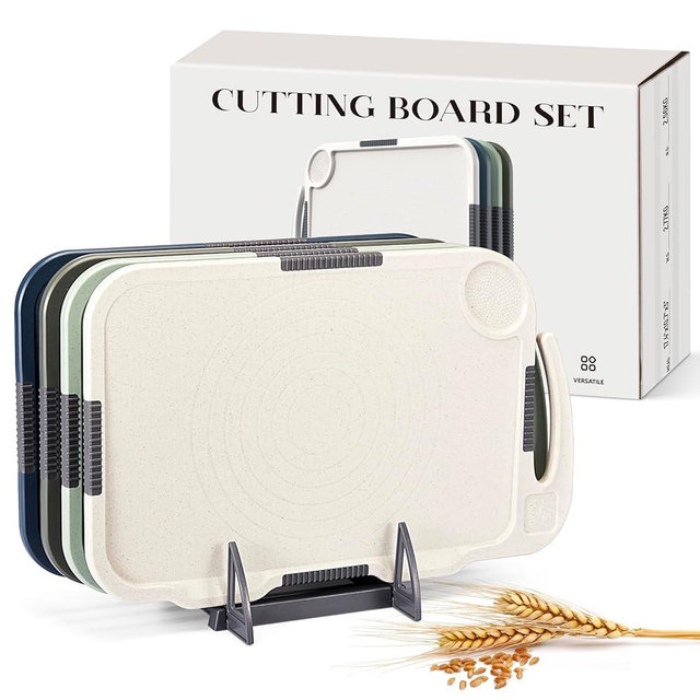 Glotoch Cutting Boards for Kitchen Set of 4, Wheat Straw PP Plastic Chopping Board Dishwasher Safe, BPA Free, Non Slip, 16"X10" Colored Reversible Cutting Board with Stand, Food Icons, Grinder Plate