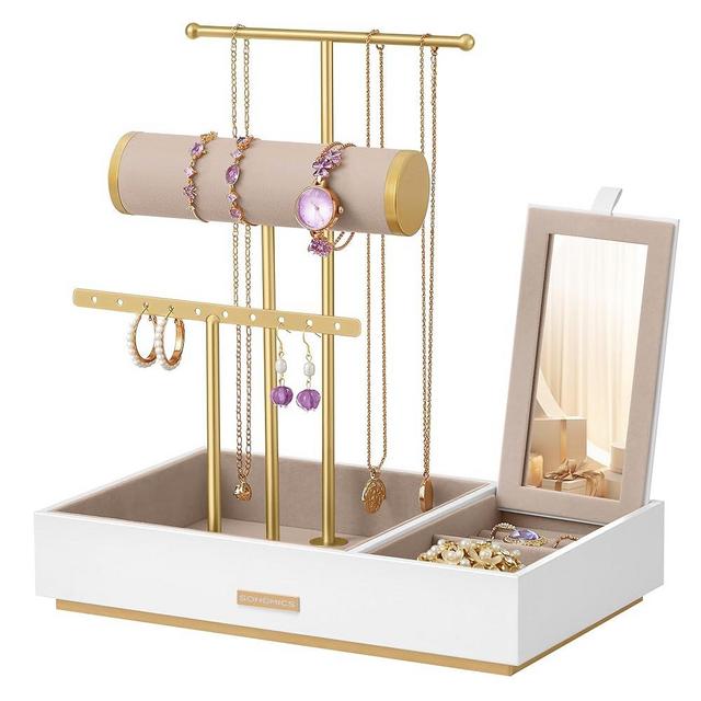 SONGMICS Jewelry Holder, Jewelry Organizer, Jewelry Display Stand, Metal Earring Organizer with Mirror, with Necklace Earring Bracelet Holder, for Rings, Gift Idea, White and Gold UJJS022W01V1