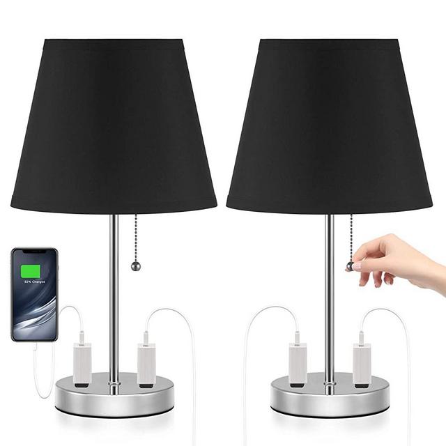 Innqoo Bedroom Lamps for Nightstand - Black Bedside Lamps Set of 2 with AC Power Outlet, 15.6” Height Small Table Lamps with Pull Chain for End Tables Night Tables and Side Tables, Bulb Not Included