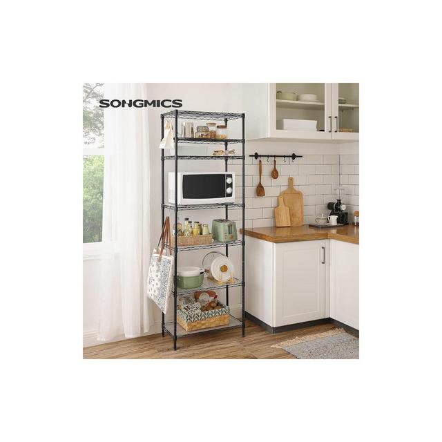 7-Tier Storage Shelves, Wire Shelving Unit, Kitchen Metal Shelves, Storage Rack with Adjustable Shelves, Shelf Liners, 8 Hooks, for Garage, Black