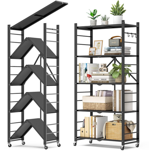 SUGIFT Black Foldable Metal Storage Shelf with Wheels 5 Tier Heavy Duty Rolling Organizer Rack for Kitchen Garage Office No Assembly