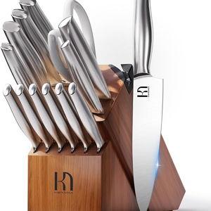 KnifeSaga Kitchen Knife Set 14 Piece Premium Japanese High Carbon Stainless Steel Knife Block Sets with Built-in Sharpener, Razor Sharp Knives Set for Kitchen, Quality Acacia Wood Block Knife Set