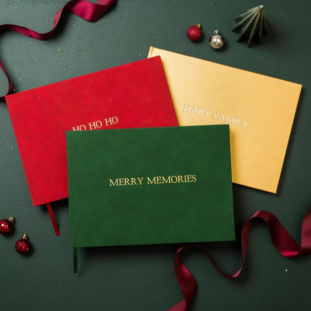 Embossed Holiday Memory Book 11.5 x 8.5 - Custom Blank Book, Personalized Keepsake, Christmas Cards Through the Years, Family Album, Red