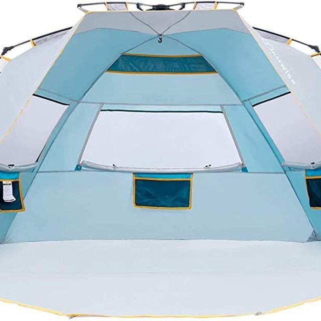 WolfWise 4 Person Easy Up Beach Tent UPF 50+ Portable Instant Sun Shelter Canopy Umbrella with Extended Zippered Porch