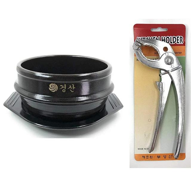 Jovely Korean Cooking Stone Bowl(Dolsot or Ddukbaegi) Diameter 6.3'' High 2.95'' Sizzling Hot Pot for Korean food such as Bibimbap and Soup with Premium Ceramic Tray and Special Bowl Tongs Set
