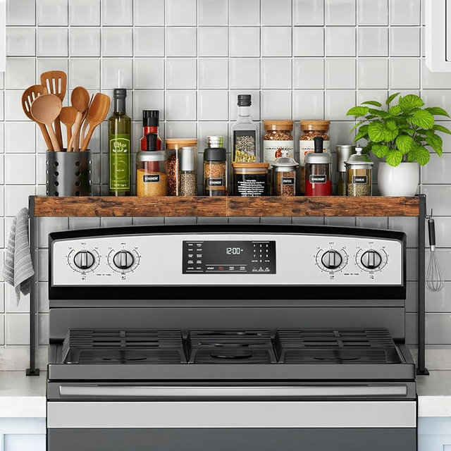 EffiJoy Spice Rack Shelf for Kitchen Stove, Over The Stove Shelf with 4 Level Adjustable Height, Over Stove Spice Rack with 4 Hooks, Black