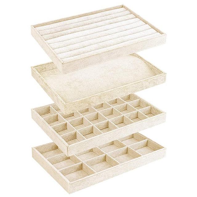 UIUIX Stackable Velvet Jewelry Trays Organizer for Drawer, Velvet Jewelry Storage Display Trays, Earring Necklace Bracelet Ring Organizer, Set of 4 (White)