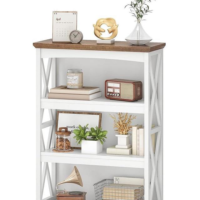 CHOEZON 4-Tier Bookcase, 42.9" Floor Standing Organizer Shelf, Corner Book Stand, Metal Frame, for Study, Bedroom, Living Room, White and Walnut TSJ01WL