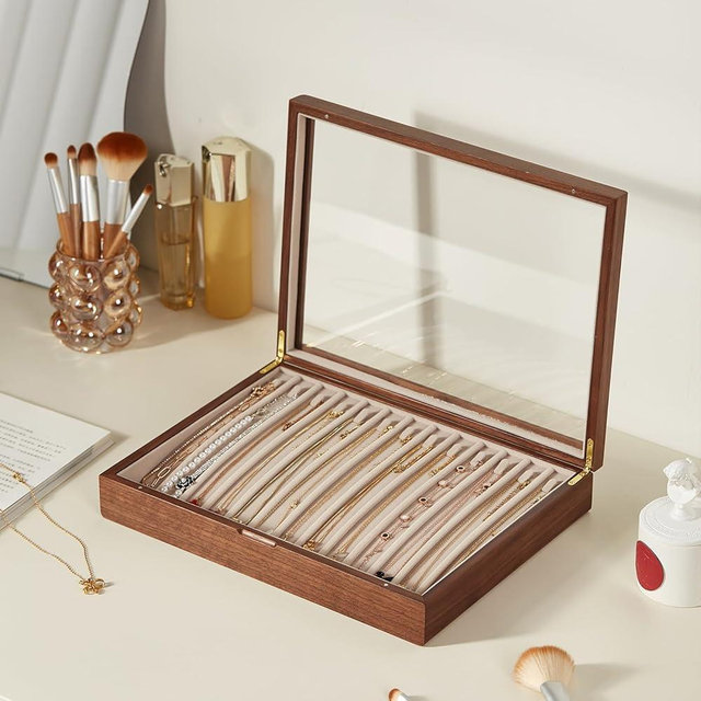 CHOSIN Necklace Box with Glass Lid 13 Hooks Black Walnut Wooden Jewelry Box Necklace Holder Necklace Organizer Box for Women Christmas Gifts