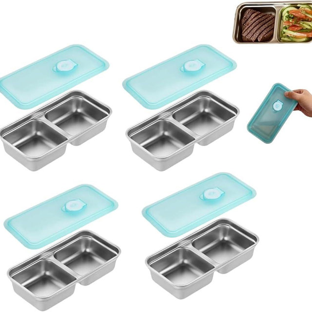 Reusable Stainless Steel Snack Containers with Lids - Double Compartment Travel Snack and Dip Containers for On-the-Go Convenience, Perfect for Camping, Picnics, and Takeout(4pcs)