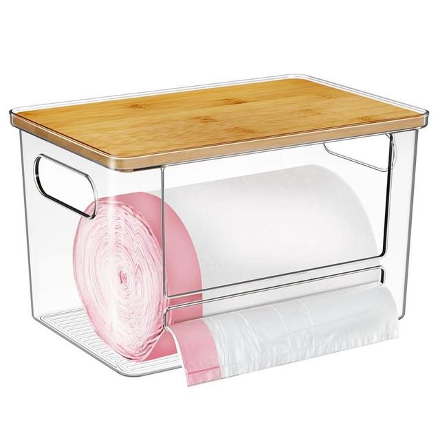 Ginnerella Trash Bag Holder, Acrylic Garbage Bag Dispenser with Bamboo Top, Extra Large Trash Bags Dispenser Under Sink for Kitchen, Pantry, Laundry Room, Cabinet Organizer and Storage (1 PACK)