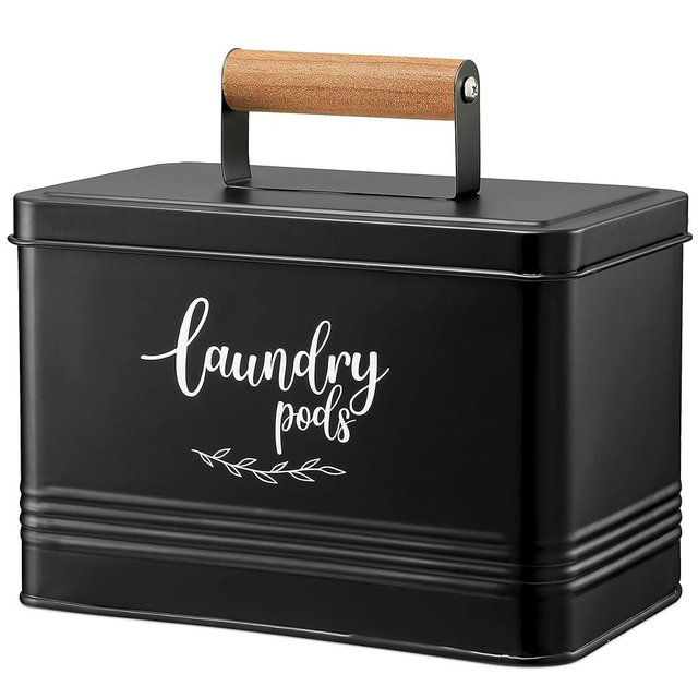 PERFNIQUE Laundry Pods Container, Farmhouse Laundry Pods Holder with Lid for Laundry Room Decor and Accessories, Metal Detergent Pods Container for Laundry Room Organization and Storage (Black, Pods)