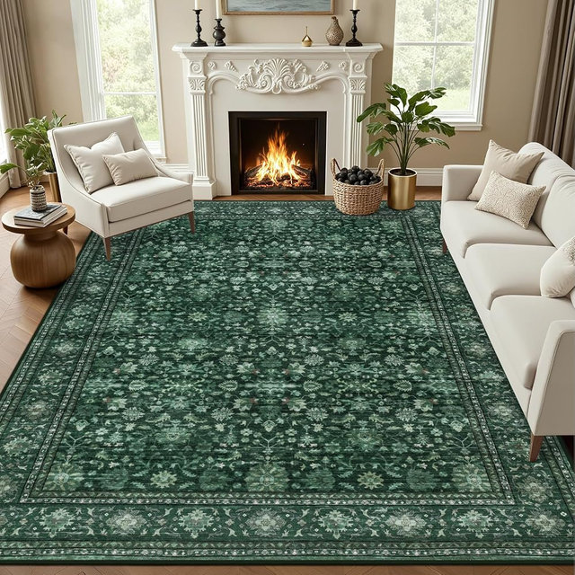 Area Rugs 10x12 Living Room Rug: Washable Rug Soft Vintage Distressed Floral Carpet Indoor Non-Slip Stain Resistant Large Carpets for Bedroom Dining Room Farmhouse Nursery Home Office Deep Green
