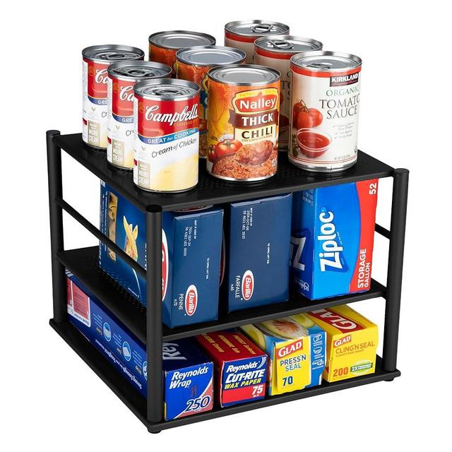 Kitchen Cabinet Organizer – Full Metal 3-Tier Black Pantry Organizer with Adjustable Shelves – Kitchen Foil and Plastic Wrap Organizer for RV, Camper, Home Organization and Storage – 12 x 11.25 inch