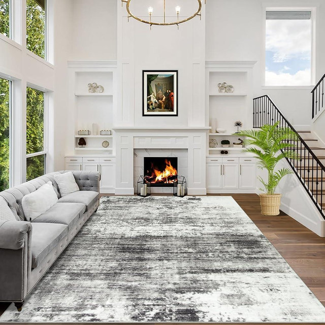8x10 Area Rugs Washable Rug: Large Modern Abstract Living Room Rug Soft Anti-Skid Thin Carpet Indoor Floor Non-Shedding Carpets for Bedroom Dining Room Farmhouse Nursery Home Office Black Grey