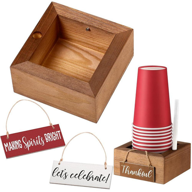 Beeveer Party Cup Holder with Marker Slot with 2 Decorative Plaque Wooden Party Cup Dispenser Wooden Organizer for Modern Farmhouse Home bar