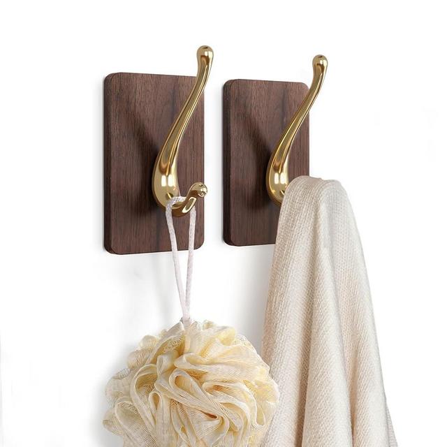 JCHOUS Towel Hooks, Adhesive Wall Hooks for Hanging, 2 Packs Wood Towel Hooks for Bathroom, RV, Kitchen, Closets, etc (Walnut - Gold, 2 Pack)