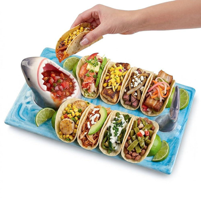 2 Pack Ceramic Shark Taco Holder Plate, Shark Sushi Plates, Funny Handmade Kitchen Salad Plates with Dipping Sauce Bowl, Microwave/Oven/Dishwasher Safe Plates, Birthday Gifts for Shark Party Lovers