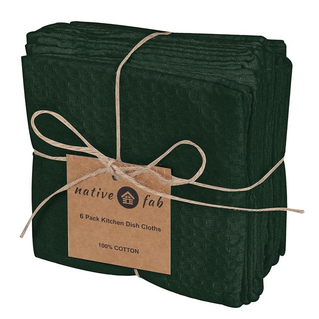 Native Fab 6 Pack Kitchen Towels and Dish Cloths, 100% Cotton Soft Absorbent Quick Drying Dish Rags for Washing Dishes,12x12 Inches, Olive Green