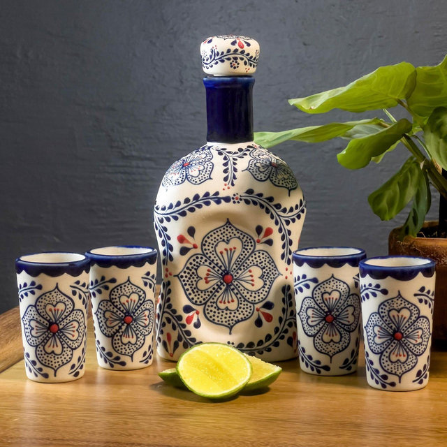 Talavera Tequila Decanter and Shot Glass Set, Hand Painted Ceramic Tequila Gifts, Made in Mexico