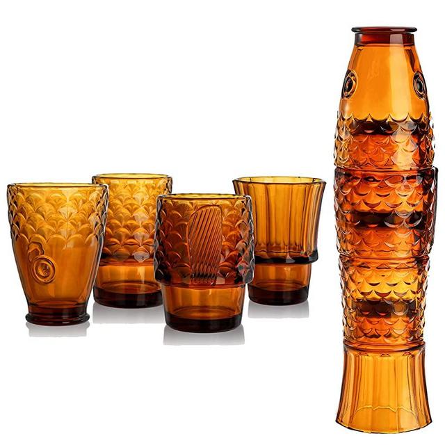 Frcctre Set of 4 Koi Fish Design Drinking Glasses, Stackable Amber Tumbler Glasses Beverage Cups Juice Tumblers Drinking Water Cups Nautical Glassware for Home, Party, Bar