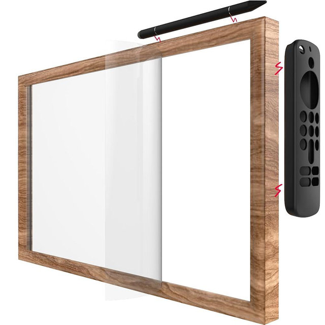 HOOKMEMO Wooden frame with magnet for echo show 15, screen protector, magnet stylus pen,magnet remote control case (light brown)