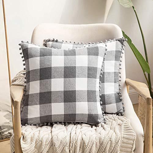 MIULEE Set of 2 Retro Farmhouse Buffalo Plaid Check Pillow Cases with Pom-poms Decorative Throw Pillow Covers Cushion Case for Sofa Couch 20x20 Inch Grey and White