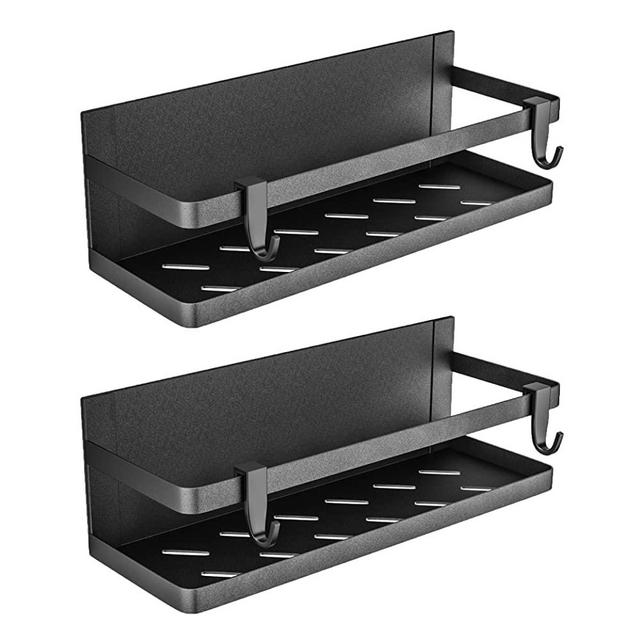 SUBTRACTION Magnetic Spice Rack, Magnetic Shelf for Refrigerator, Strong Magnetic Fridge Organizer, Space Saving Magnetic Kitchen Organizer with 2 Removable Hooks (Black，2 Pack)