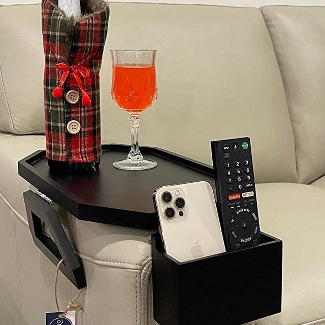 ShiroBiro Large Couch Arm Table with Remote Control Organizer - Natural Bamboo Sofa Arm Table Armchair Armrest Tray Clip-On Recliner Caddy Holder for Eating Snack, Drink, Coffee (Black)