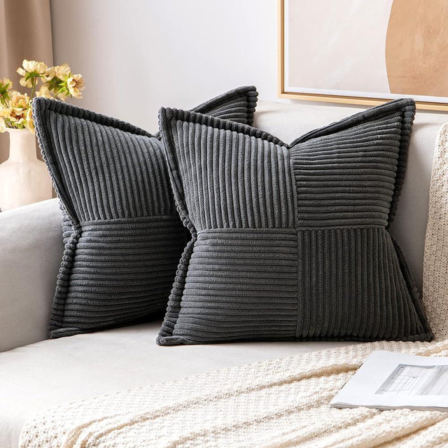 MIULEE Dark Grey Corduroy Pillow Covers 20 x 20 inch with Splicing Set of 2 Super Soft Boho Striped Pillow Covers Broadside Decorative Textured Throw Pillows for Couch Cushion Bed Livingroom