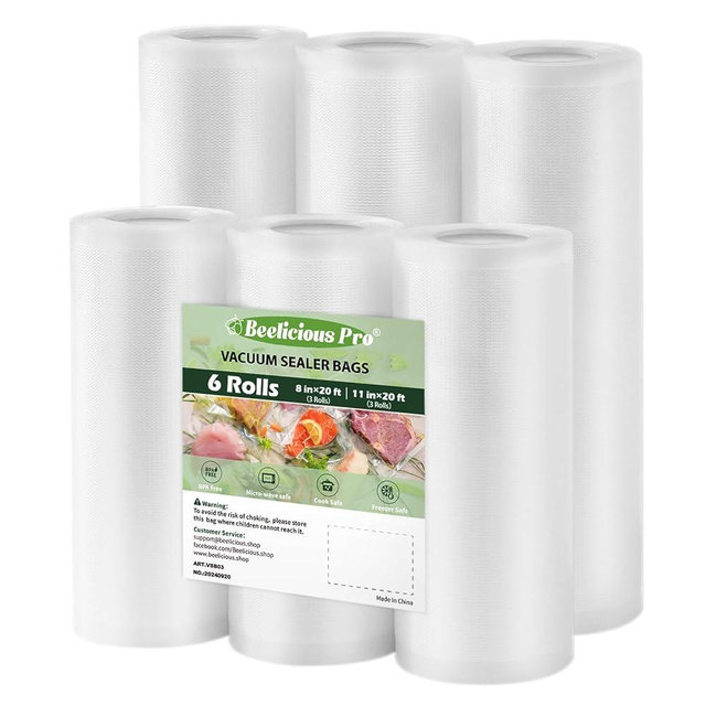 Beelicious Pro Vacuum Sealer Bags Rolls for Food 6 Pack 3 Rolls 11" x 20' and 3 Rolls 8" x 20' Commercial Grade with BPA-Free, Durable Customized Size Food Storage Bags for Sous Vide
