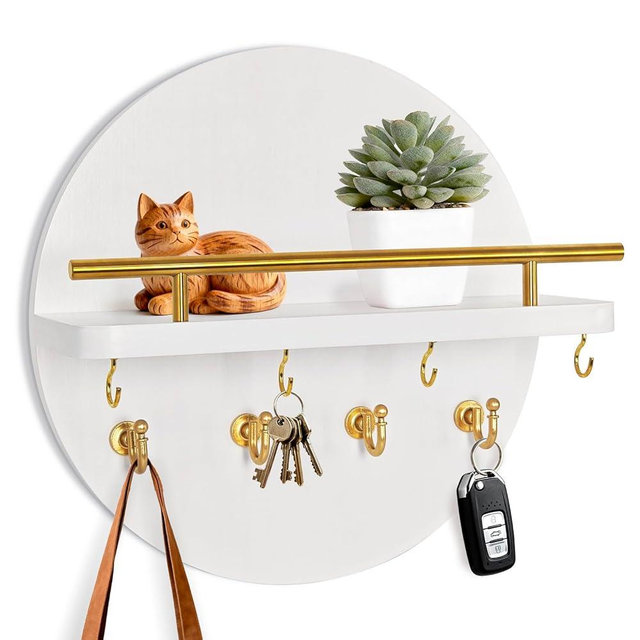 wyzqyam Key Holder Wall Mount with Shelf and Hooks, 11.8 Inch Entryway Gold Key Holder for Wall Decor (White&Gold)