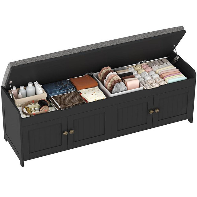 HOMEFORT 54.4" Shoe Bench with Lift Top Storage, Entryway Bench with Cushioned Seat, Wooden End of Bed Bench, Shoe Cabinet Bench with Hidden Storage Space, for Bedroom, Hallway,Black