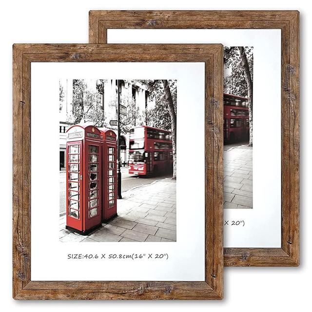 16x20 Poster Frames, Set of 2 Picture Frames Plexiglass and Composite Wooden Rustic Rounded Corners Photo Display for Wall Mount with Hanging Hardware(Brown)