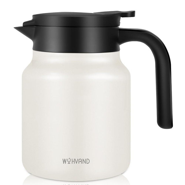 WYHVAND 34oz Thermal Coffee Carafe for Home & Office, 12H Hot Insulated Pitcher with Drip-Free V-Spout and Easy Clean 2.75" Wide Mouth, Cream