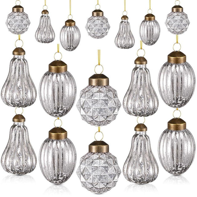 Deekin 24 Pcs Christmas Tree Glass Ornaments Set Mini Vintage Tree Decoration Xmas Rustic Hanging Glass Ornaments with Loop for Holiday Party Christmas Decor, 3 Styles(Silver)