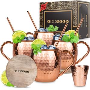 Moscow Mule Copper Mugs Set : 4 16 oz. Solid Genuine Copper Mugs Handmade in India, 4 Straws, 4 Wood Coasters, & Shot Glass : Comes in Elegant Gift Box, by Yooreka